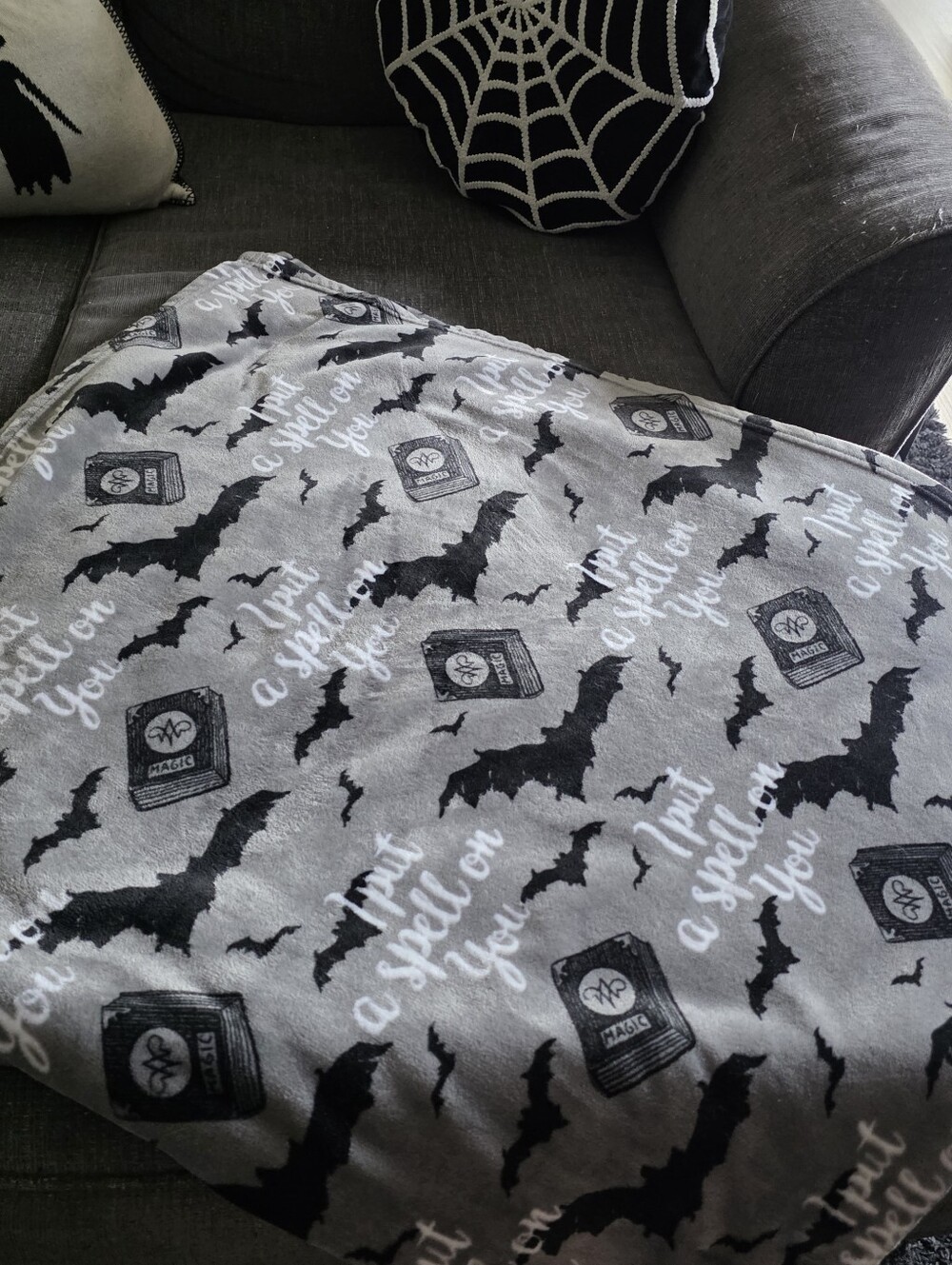 Halloween Bat & Spell Blanket - Gray